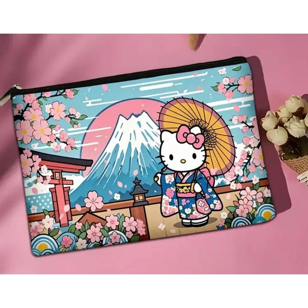 Hello Kitty Japan Style Parasol Mountain Cherry Blossoms Cosmetic Bag - New